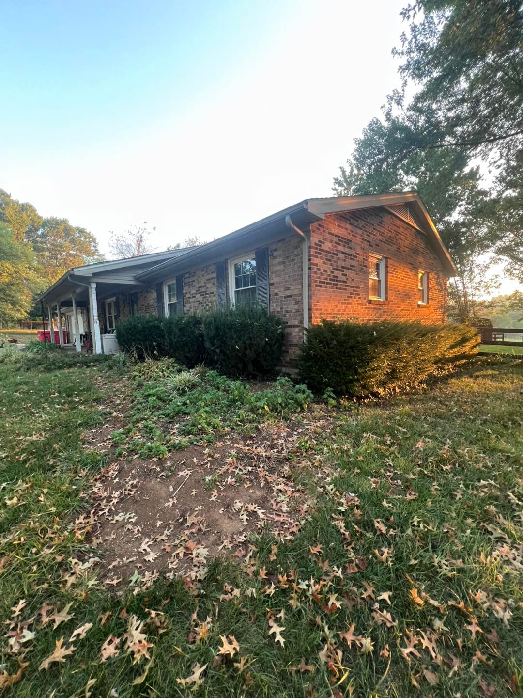 Brick house with green yard and trees, afternoon sunlight illuminating the exterior.