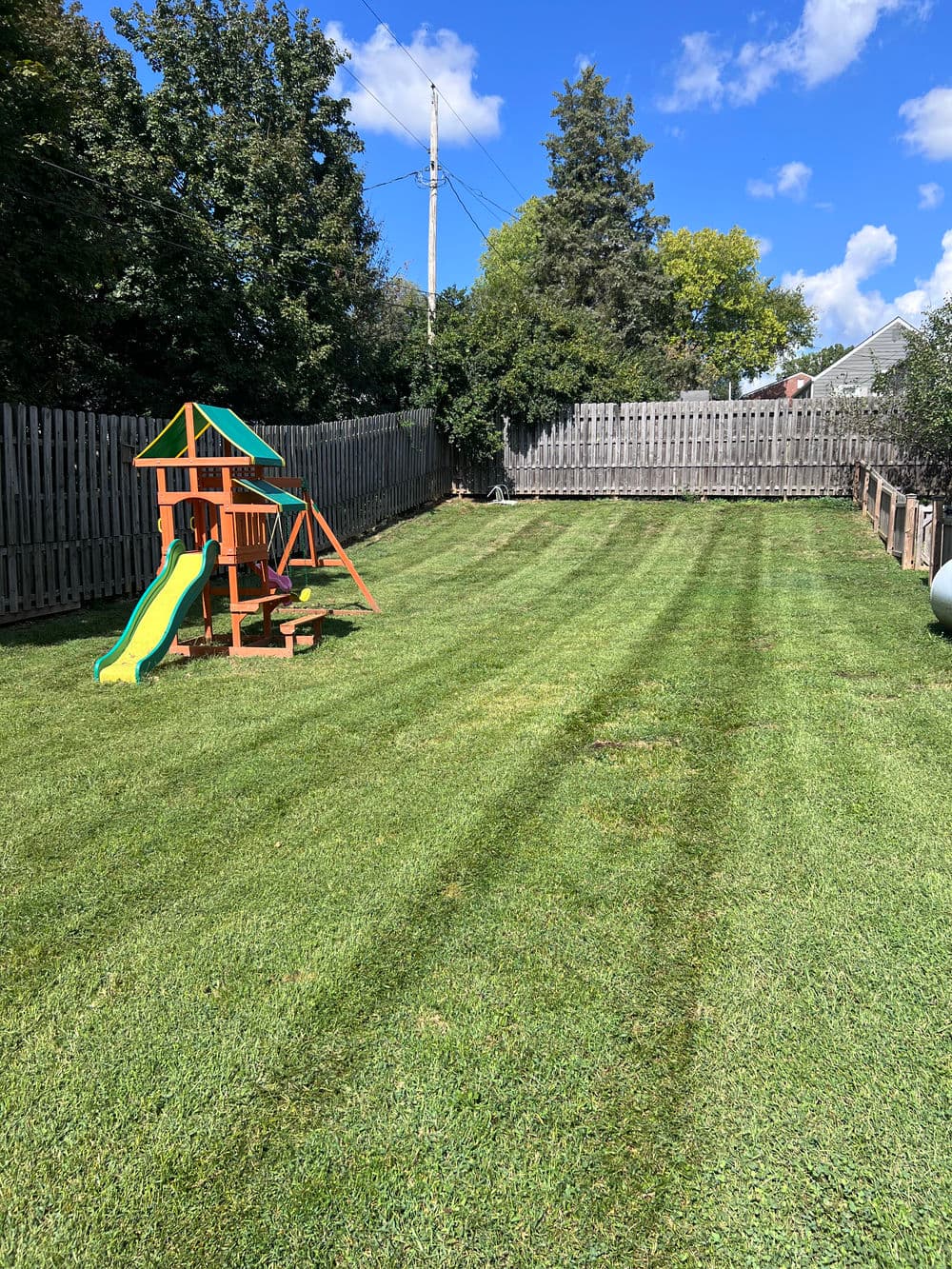 Lush green backyard with playground set and clear blue sky, ideal for family fun.