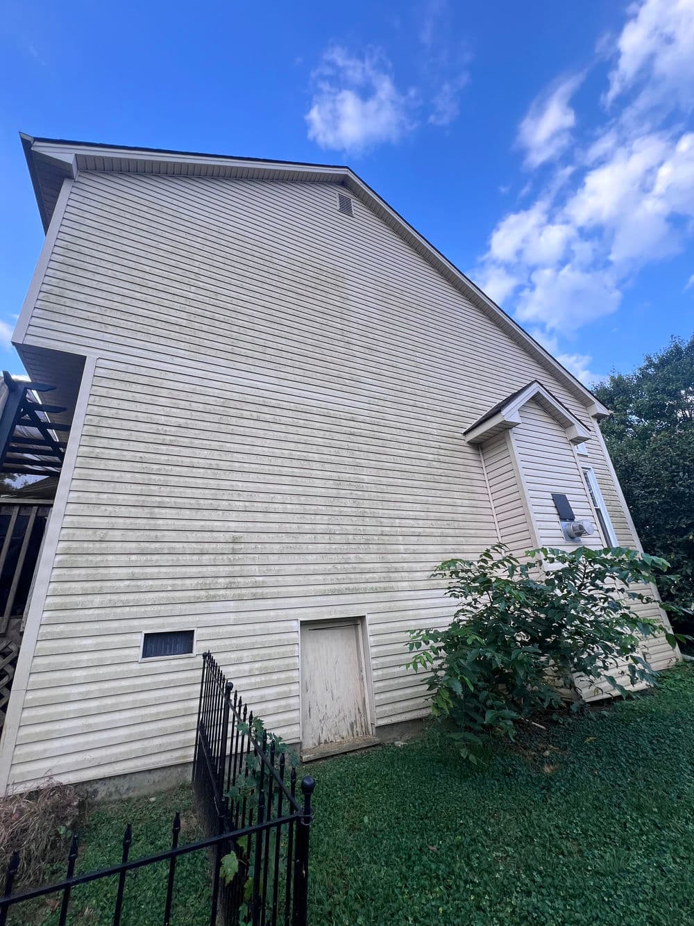 Side view of a weathered house with a sloped roof and overgrown shrubs against a clear blue sky.