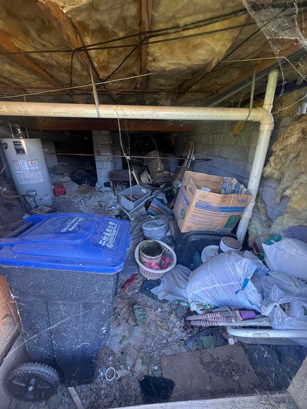 Cluttered basement with trash bins, boxes, and debris, showcasing hoarding and neglect.