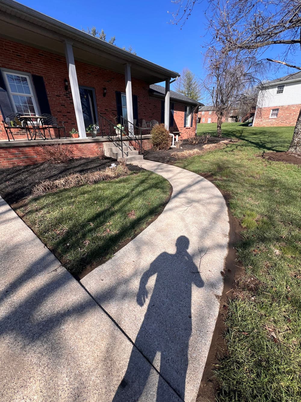 Sunlit pathway leading to a brick house with shadow in foreground, surrounded by greenery.